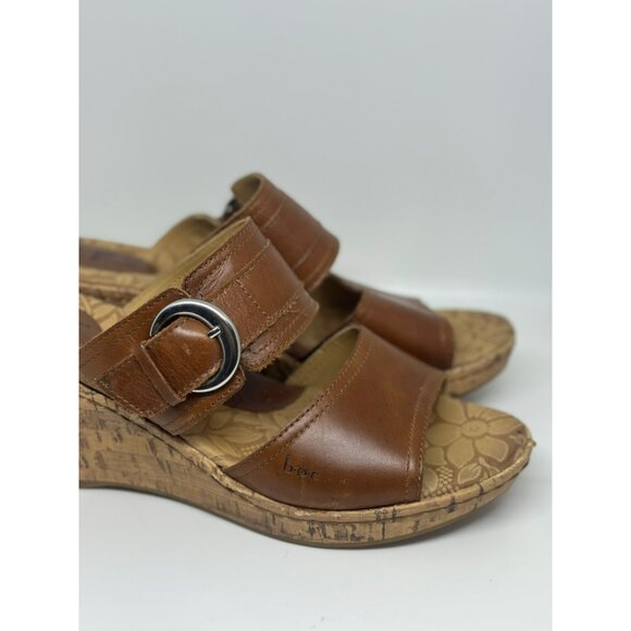 BOC Brown Leather Cork Wedge Sandals Buckle Heels C19023 Women Size 10 - Picture 3 of 10